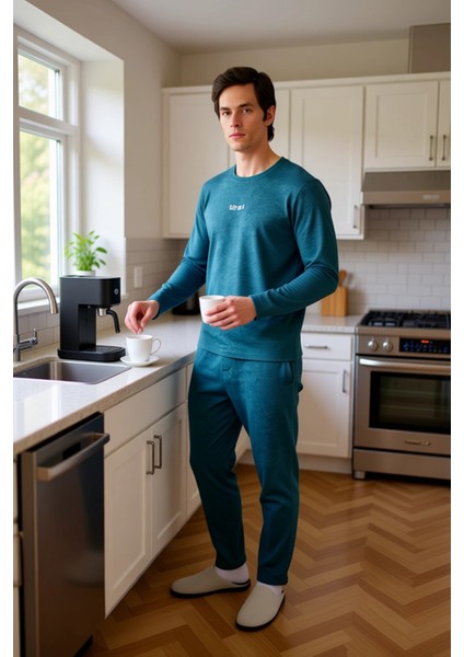 Erkek Antrasit Bisiklet Yaka Baskılı Uzun Kollu Pijama Takımı Fonksiyonel Dayanıklı Modern fiyatları