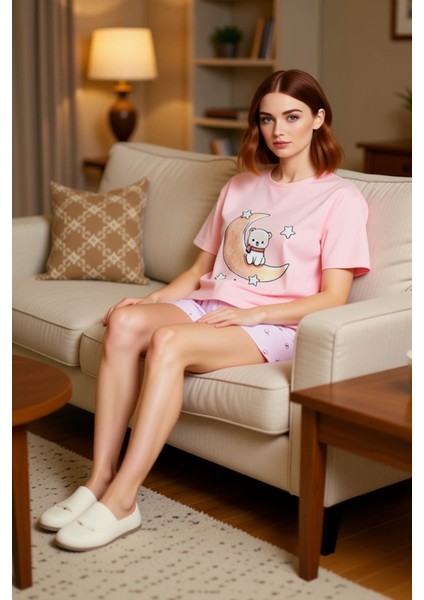 Kadın Ayıcık Baskılı Bisiklet Yaka Şortlu Pijama Takımı Fonksiyonel Dayanıklı Kaliteli Şık fırsatları