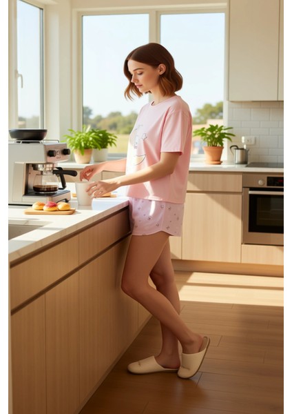 Kadın Ayıcık Baskılı Bisiklet Yaka Şortlu Pijama Takımı Fonksiyonel Dayanıklı Kaliteli Şık indirimleri