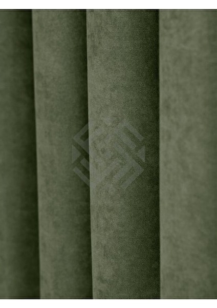 Kadife Dokulu Zeytin Yaprağı Rengi Pileli Ada Fon Perde 250 cm Uzunluk 70 cm Genişlik