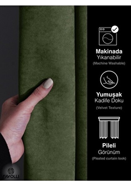 Kadife Dokulu Zeytin Yaprağı Rengi Pileli Ada Fon Perde 250 cm Uzunluk 70 cm Genişlik