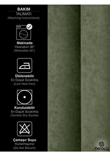 Kadife Dokulu Zeytin Yaprağı Rengi Pileli Ada Fon Perde 250 cm Uzunluk 70 cm Genişlik