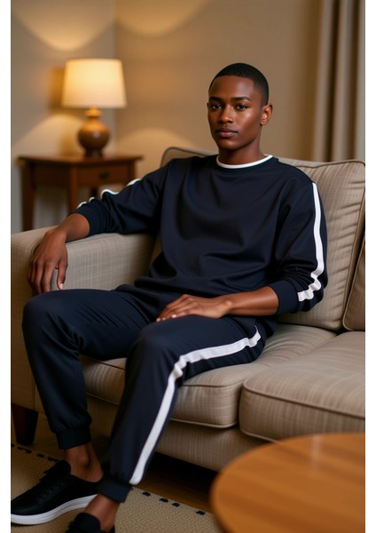 Erkek Yan Şeritli Bisiklet Yaka Örme Pijama Takımı Fonksiyonel Dayanıklı Kaliteli Konforlu