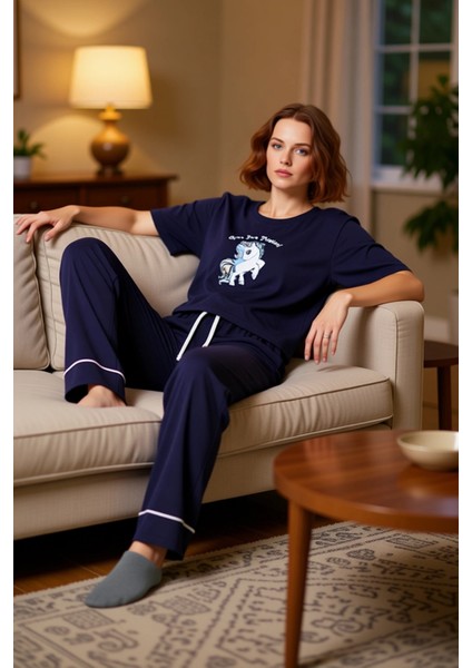 Kadın Unicorn Baskılı Bisiklet Yaka Pijama Takımı Fonksiyonel Dayanıklı Kaliteli Konforlu Şık