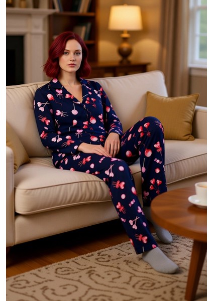 Kadin Kalpli Baskılı Gömlek Yaka Pijama Takımı Fonksiyonel Dayanıklı Kaliteli Konforlu Şık