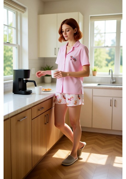 Kadın Köpek Desenli Pijama Takımı Gömlek ve Şort Fonksiyonel Dayanıklı Kaliteli Konforlu Şık