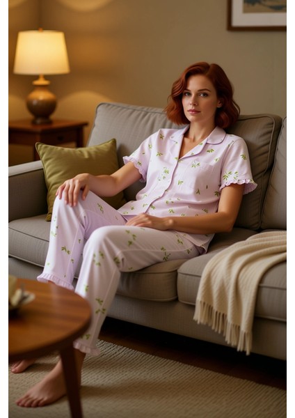 Kadın Mint Çiçekli Fırfırlı Gömlek ve Pantolon Pijama Takımı Fonksiyonel Dayanıklı Estetik
