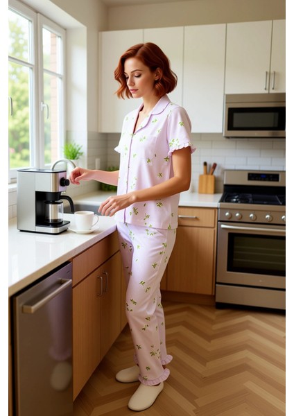 Kadın Mint Çiçekli Fırfırlı Gömlek ve Pantolon Pijama Takımı Fonksiyonel Dayanıklı Estetik fiyatları