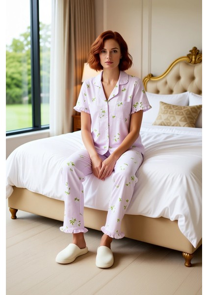 Kadın Mint Çiçekli Fırfırlı Gömlek ve Pantolon Pijama Takımı Fonksiyonel Dayanıklı Estetik modelleri
