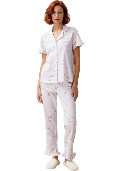 Kadın Mint Çiçekli Fırfırlı Gömlek ve Pantolon Pijama Takımı Fonksiyonel Dayanıklı Estetik fırsatları