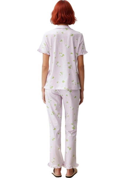 Kadın Mint Çiçekli Fırfırlı Gömlek ve Pantolon Pijama Takımı Fonksiyonel Dayanıklı Estetik indirimleri