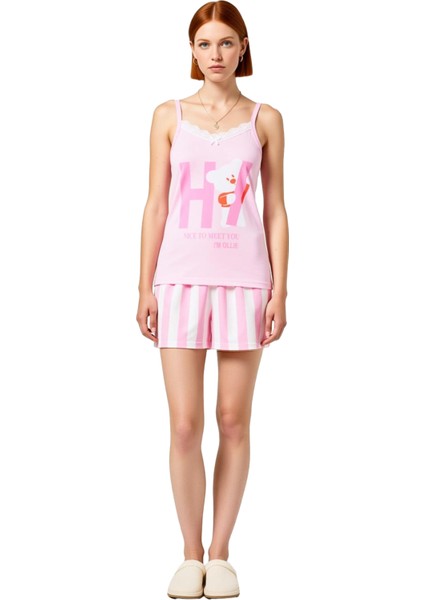 Kadın Ayıcıklı Çizgili Askılı Pijama Takımı Fonksiyonel Dayanıklı Kaliteli Konforlu Modern fırsatları