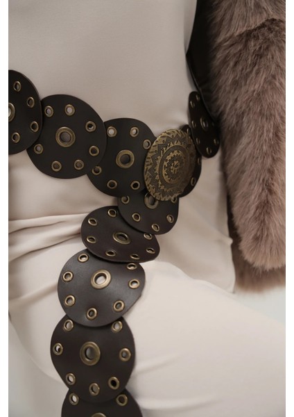 Boho Tarz Yuvarlak Halkalı Deri Kadın Kemer, Vintage Etnik Tasarım