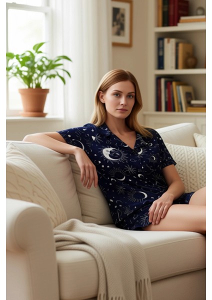 Kadın Galaksi Baskılı Viskon Gömlek ve Şort Pijama Takımı Fonksiyonel Dayanıklı Kaliteli Şık