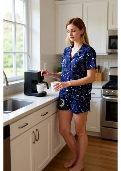 Kadın Galaksi Baskılı Viskon Gömlek ve Şort Pijama Takımı Fonksiyonel Dayanıklı Kaliteli Şık fiyatları