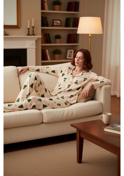 Kadın Yılbaşı Ağaç Desenli Gömlek ve Pantolon Pijama Takımı Fonksiyonel Dayanıklı Kaliteli