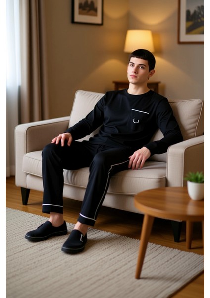 Erkek Nakışlı Bisiklet Yaka Pijama Takımı Fonksiyonel Dayanıklı Kaliteli Konforlu Estetik Şık