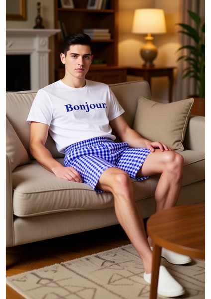 Erkek Bonjour Baskılı Bisiklet Yaka Şortlu Pijama Takımı Fonksiyonel Dayanıklı Kaliteli Şık