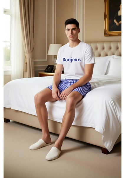 Erkek Bonjour Baskılı Bisiklet Yaka Şortlu Pijama Takımı Fonksiyonel Dayanıklı Kaliteli Şık modelleri