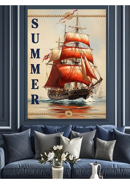 Yaz Tatili Plaj ve Yelkenli Gemi Dekoratif Kanvas - Mdf Ahşap Tablo