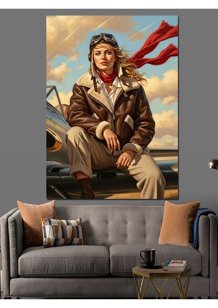 Uçak Kadın Pilotu Eski Giyim Tarzı Dekoratif Kanvas - Mdf Ahşap Tablo