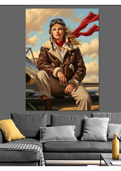 Uçak Kadın Pilotu Eski Giyim Tarzı Dekoratif Kanvas - Mdf Ahşap Tablo fiyatları