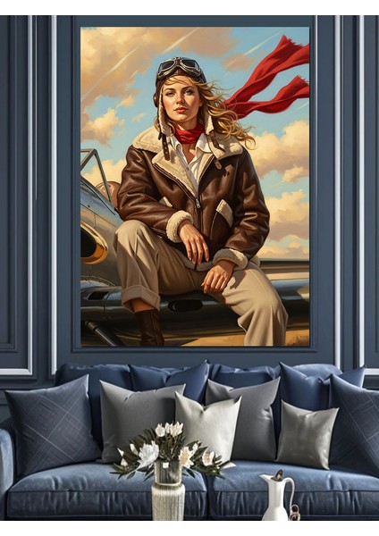 Uçak Kadın Pilotu Eski Giyim Tarzı Dekoratif Kanvas - Mdf Ahşap Tablo modelleri