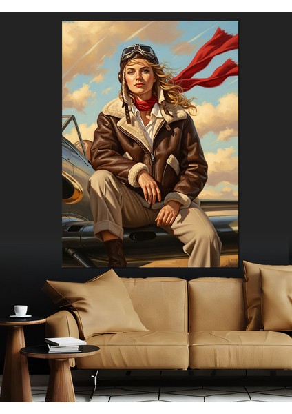 Uçak Kadın Pilotu Eski Giyim Tarzı Dekoratif Kanvas - Mdf Ahşap Tablo fırsatları
