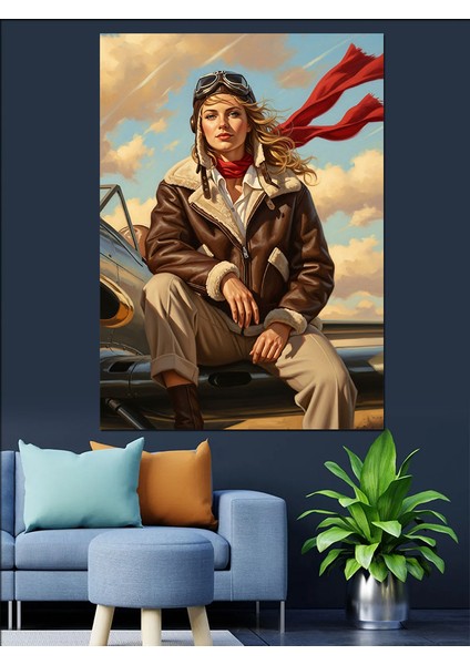 Uçak Kadın Pilotu Eski Giyim Tarzı Dekoratif Kanvas - Mdf Ahşap Tablo indirimleri