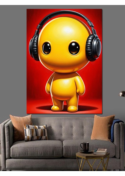 Sarı Robot Kulaklık Takıyor Dekoratif Kanvas - Mdf Ahşap Tablo