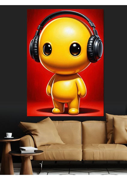 Sarı Robot Kulaklık Takıyor Dekoratif Kanvas - Mdf Ahşap Tablo fırsatları