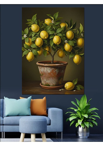 Limon Ağacı Saksı Bitki Dekoratif Kanvas - Mdf Ahşap Tablo