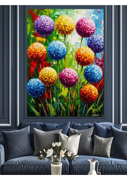 Renkli Kabarık Toplar Çiçek Dekoratif Kanvas - Mdf Ahşap Tablo