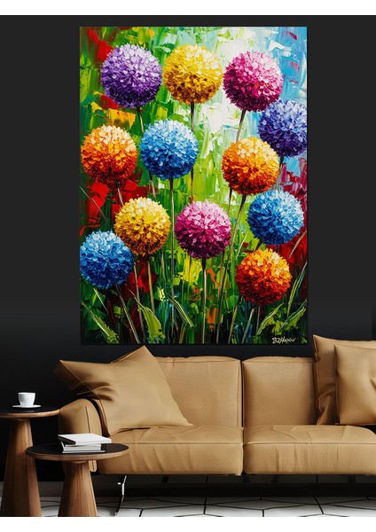 Renkli Kabarık Toplar Çiçek Dekoratif Kanvas - Mdf Ahşap Tablo fiyatları
