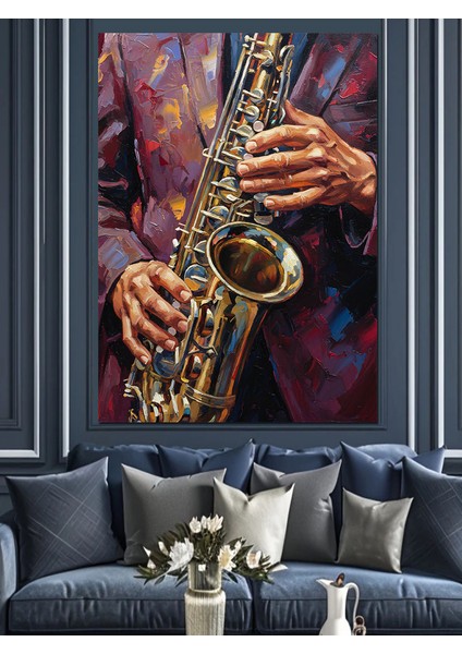Saksafon Çalan Caz Müzisyen Dekoratif Kanvas - Mdf Ahşap Tablo