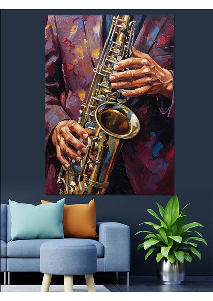 Saksafon Çalan Caz Müzisyen Dekoratif Kanvas - Mdf Ahşap Tablo fırsatları