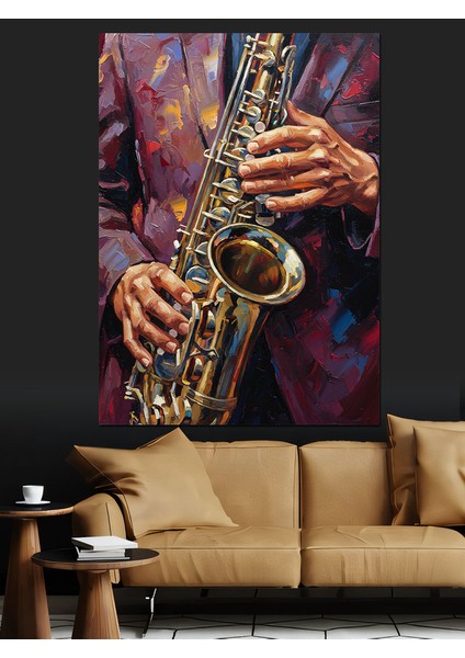 Saksafon Çalan Caz Müzisyen Dekoratif Kanvas - Mdf Ahşap Tablo indirimleri