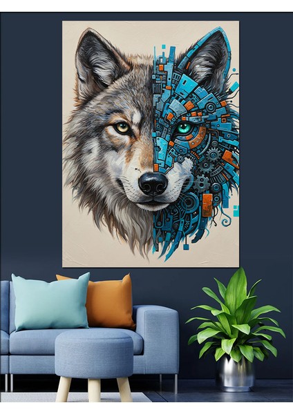 Kurt Kafa Geometrik Hayvan Dekoratif Kanvas - Mdf Ahşap Tablo