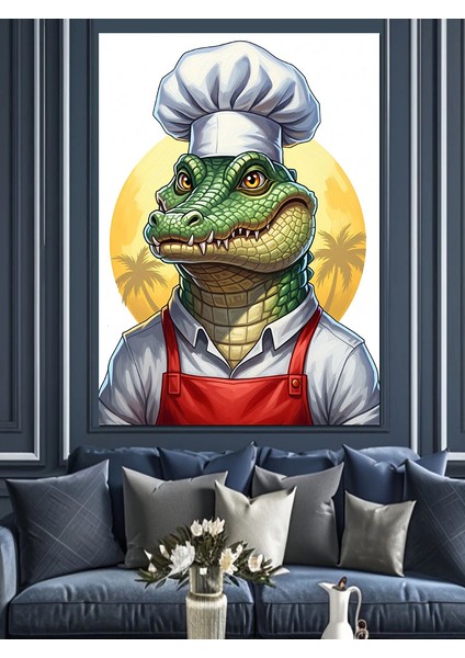 Aşçı Timsah Şapkalı Komik Dekoratif Kanvas - Mdf Ahşap Tablo