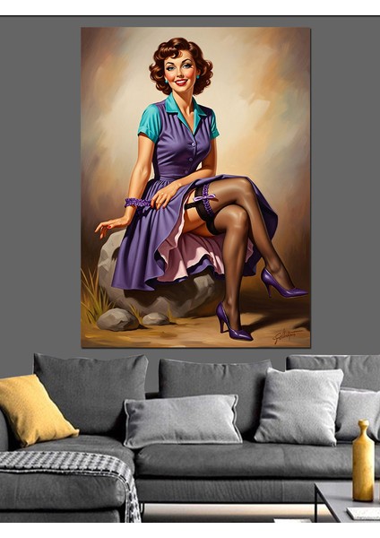 Oturan Çizimli Pin-Up Kadın Dekoratif Kanvas - Mdf Ahşap Tablo