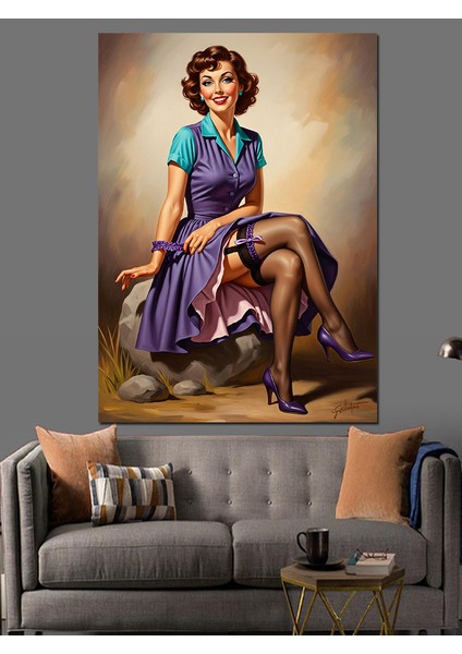 Oturan Çizimli Pin-Up Kadın Dekoratif Kanvas - Mdf Ahşap Tablo fiyatları