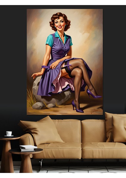 Oturan Çizimli Pin-Up Kadın Dekoratif Kanvas - Mdf Ahşap Tablo fırsatları