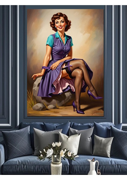 Oturan Çizimli Pin-Up Kadın Dekoratif Kanvas - Mdf Ahşap Tablo indirimleri