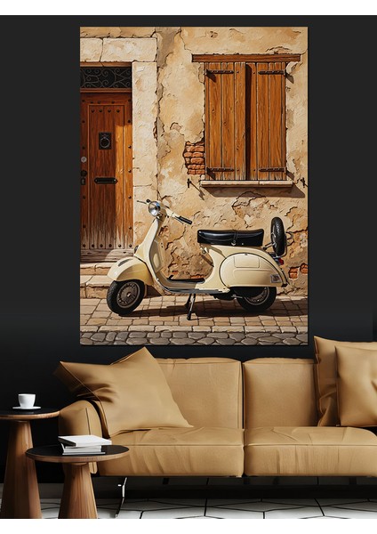 Scooter Motorsiklet Italyan Sokak Dekoratif Kanvas - Mdf Ahşap Tablo