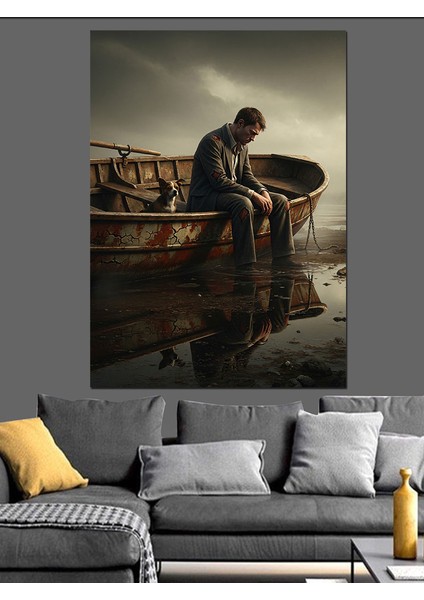 Yük Taşıyan Sandal ve Balıkçı Dekoratif Kanvas - Mdf Ahşap Tablo