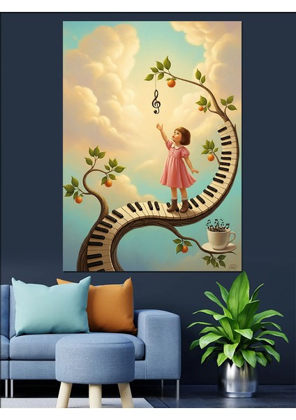 Küçük Kız Çiçek ve Müzik Bahçesi Dekoratif Kanvas - Mdf Ahşap Tablo