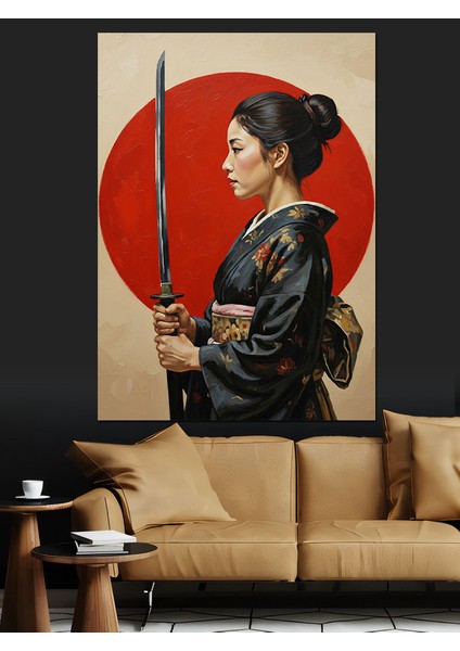 Kılıçlı Samuray Kadın Kırmızı Dekoratif Kanvas - Mdf Ahşap Tablo
