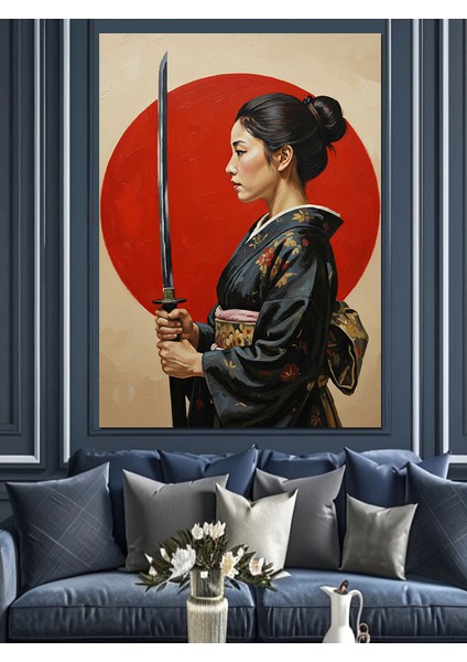 Kılıçlı Samuray Kadın Kırmızı Dekoratif Kanvas - Mdf Ahşap Tablo fiyatları