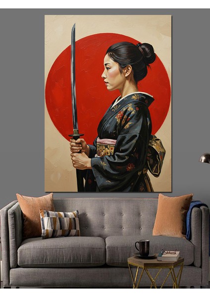 Kılıçlı Samuray Kadın Kırmızı Dekoratif Kanvas - Mdf Ahşap Tablo fırsatları