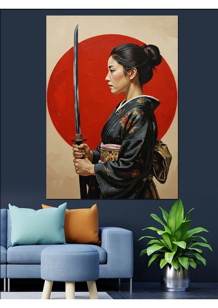 Kılıçlı Samuray Kadın Kırmızı Dekoratif Kanvas - Mdf Ahşap Tablo indirimleri